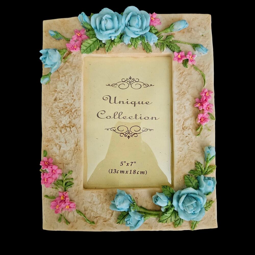 Vintage Floral Picture Frame Blue Roses Pink Flowers 3.5x5 Resin Easel